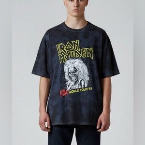 Iron Maiden “Killer Tour ‘81” Black Oil Wash Tie-Dye Oversized Cotton T-shirt M